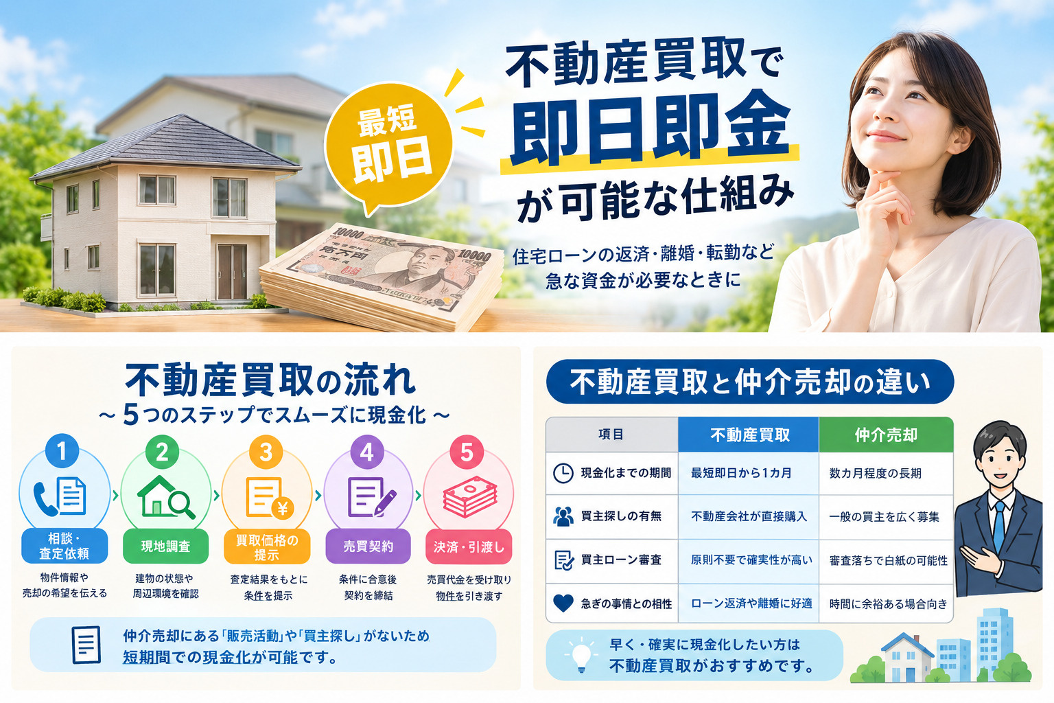 不動産の買取で即日即金は可能か？メリットを知り今すぐ現金化を検討の画像