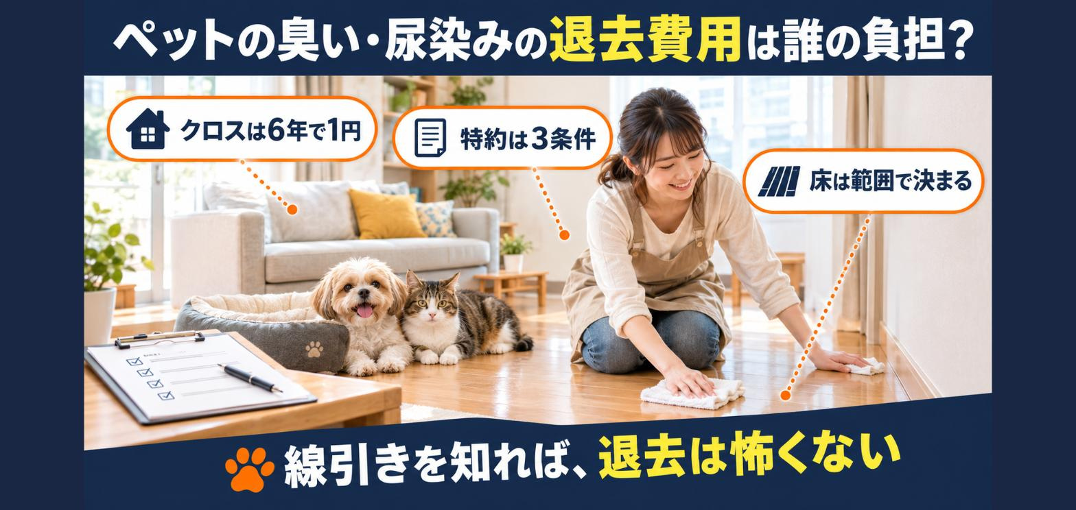 【完全版】ペットの臭い・尿染みの退去費用はいくら?「クロス6年で1円」と「床の下地」で変わる借主負担の境界線の画像