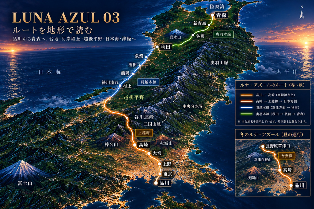 ルナ・アズールのルートを地形で読む｜品川から青森へ、台地・河岸段丘・越後平野・日本海を走る夜行列車の画像
