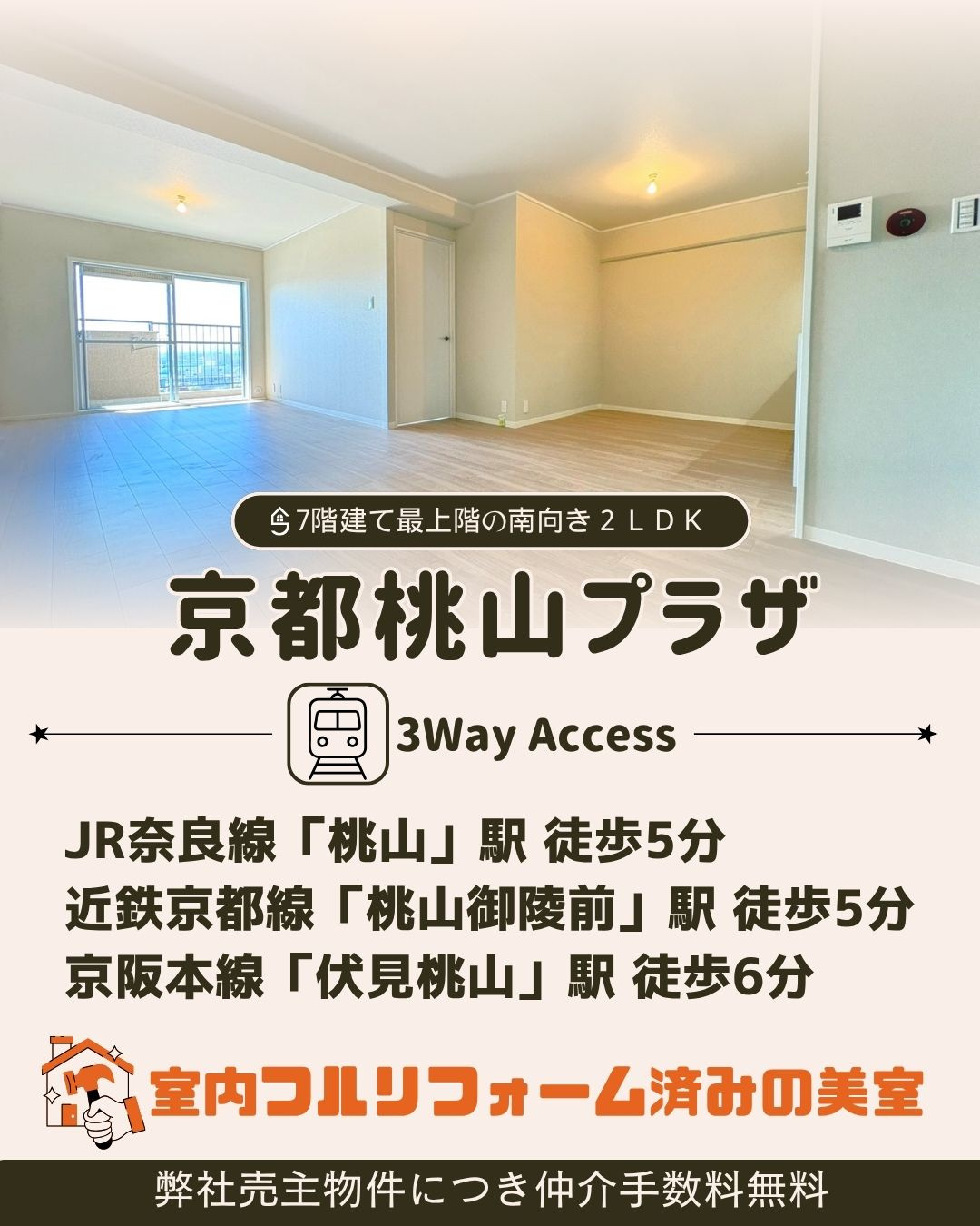弊社売主物件につき仲介手数料無料!京都桃山プラザ7階の画像