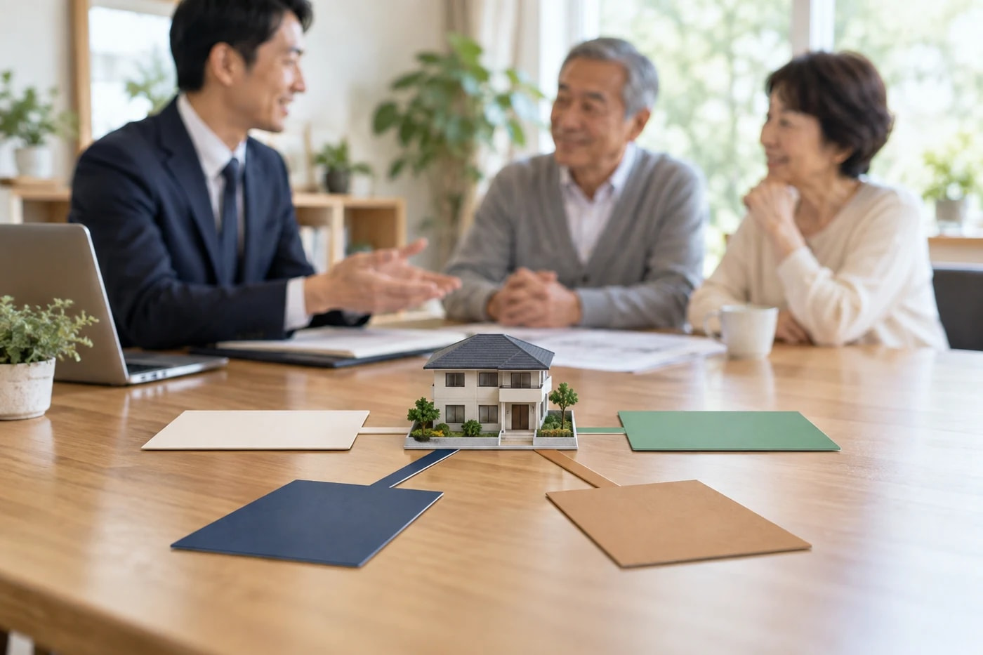 住宅模型を中心に4つの選択肢を相談する様子