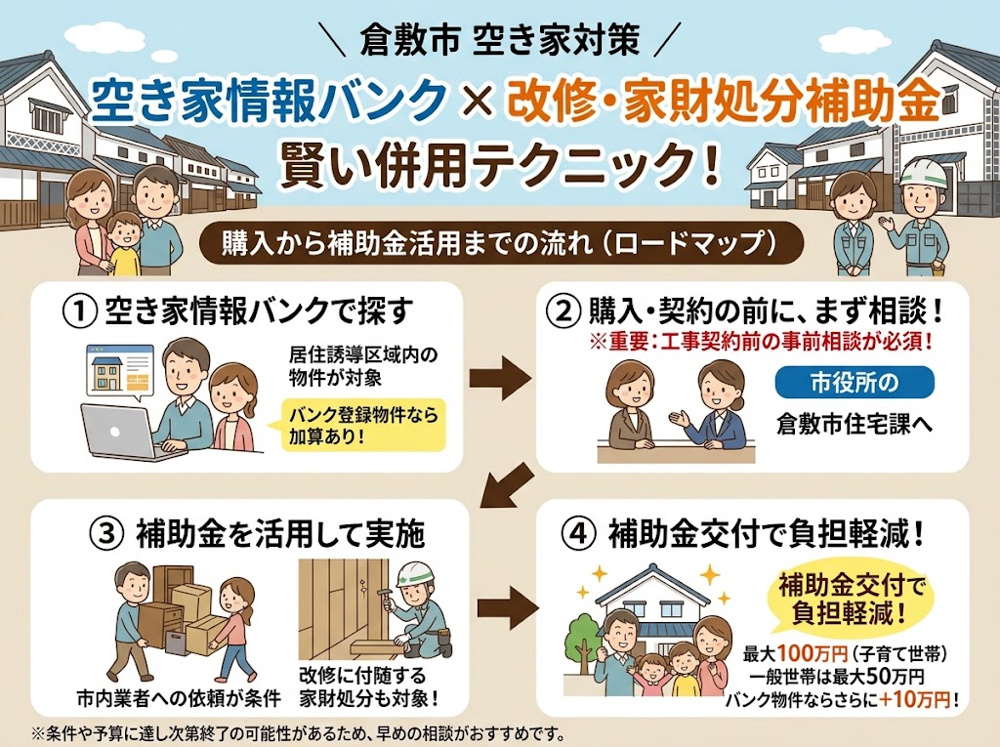 倉敷市の「空き家情報バンク」と「空き家改修・家財処分補助金」を賢く併用するテクニックの画像