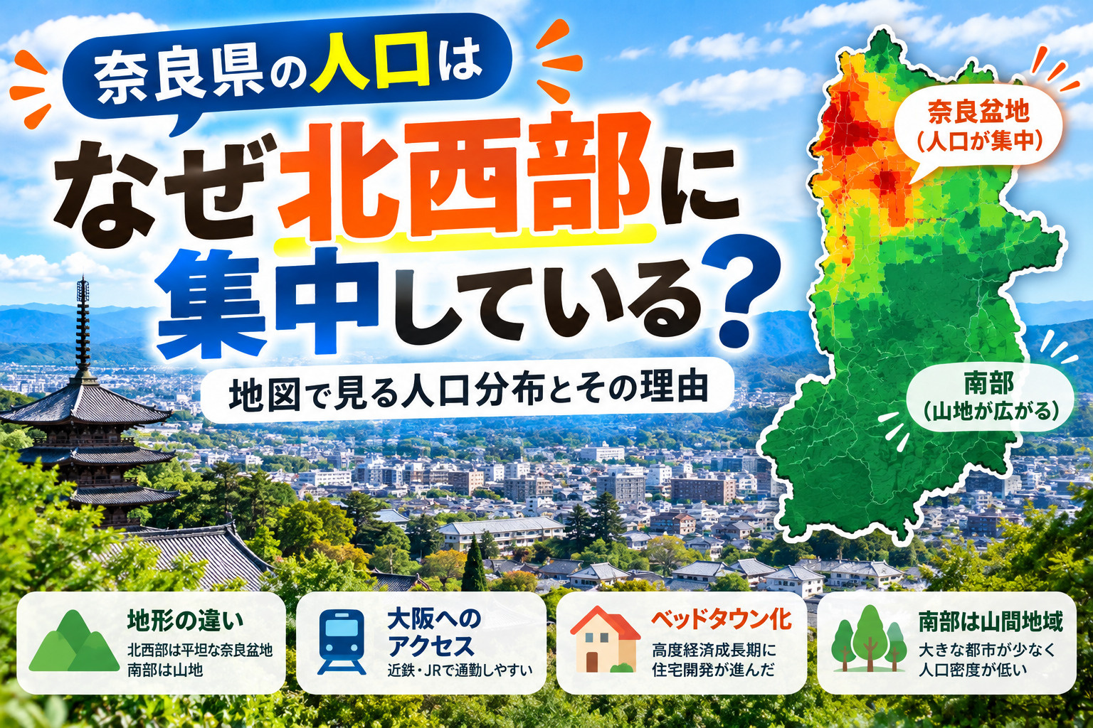 奈良県の人口はなぜ北西部に集中している？地図で見る人口分布とその理由の画像