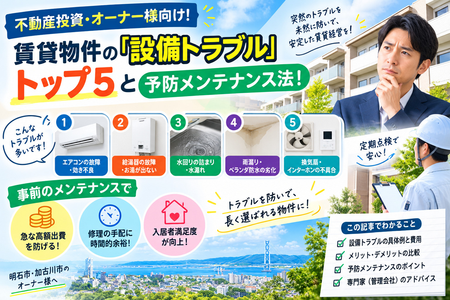 不動産投資・オーナー様向け!賃貸物件の「設備トラブル」トップ5と予防メンテナンス法!の画像