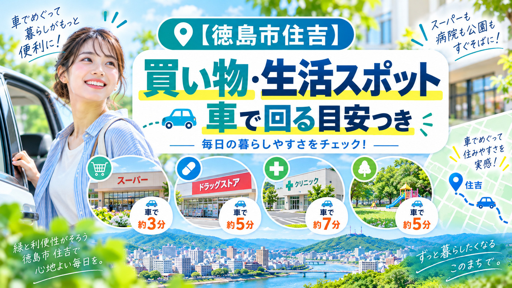 徳島市住吉の買い物・生活スポット|車で回る目安つきの画像