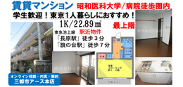 【長原駅徒歩3分】昭和医科大学へ通学に便利！独立洗面台付1Kの賃貸マンションの画像