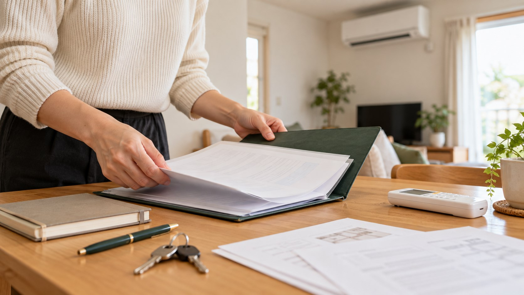 住宅設備の資料をファイルにまとめ、内覧前の確認を進めるイメージ