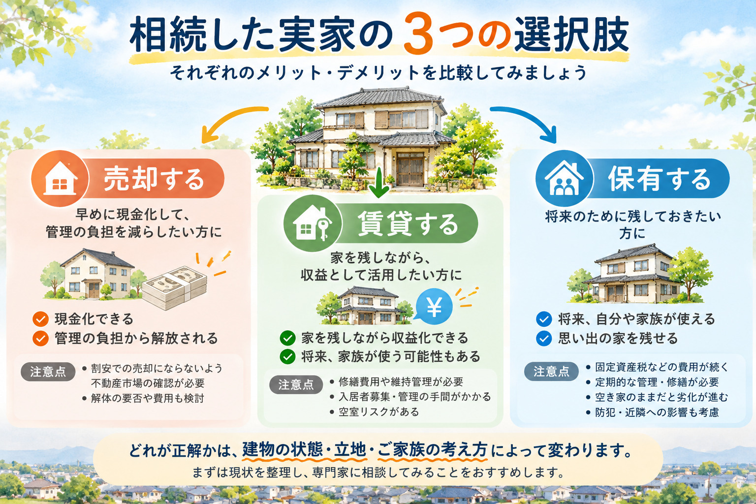 相続した実家の売却・賃貸・保有を比較した図解
