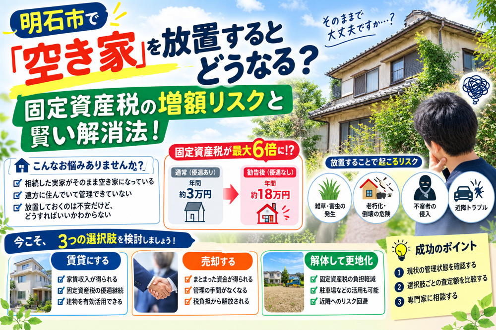 明石市で「空き家」を放置するとどうなる？ 固定資産税の増額リスクと賢い解消法！の画像