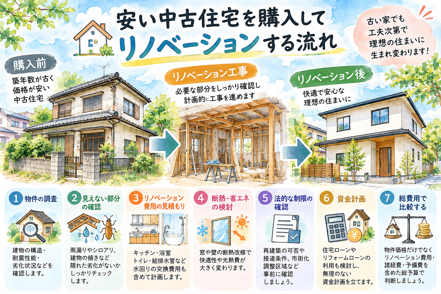 安い中古住宅を購入してリノベーションする流れを描いた水彩画