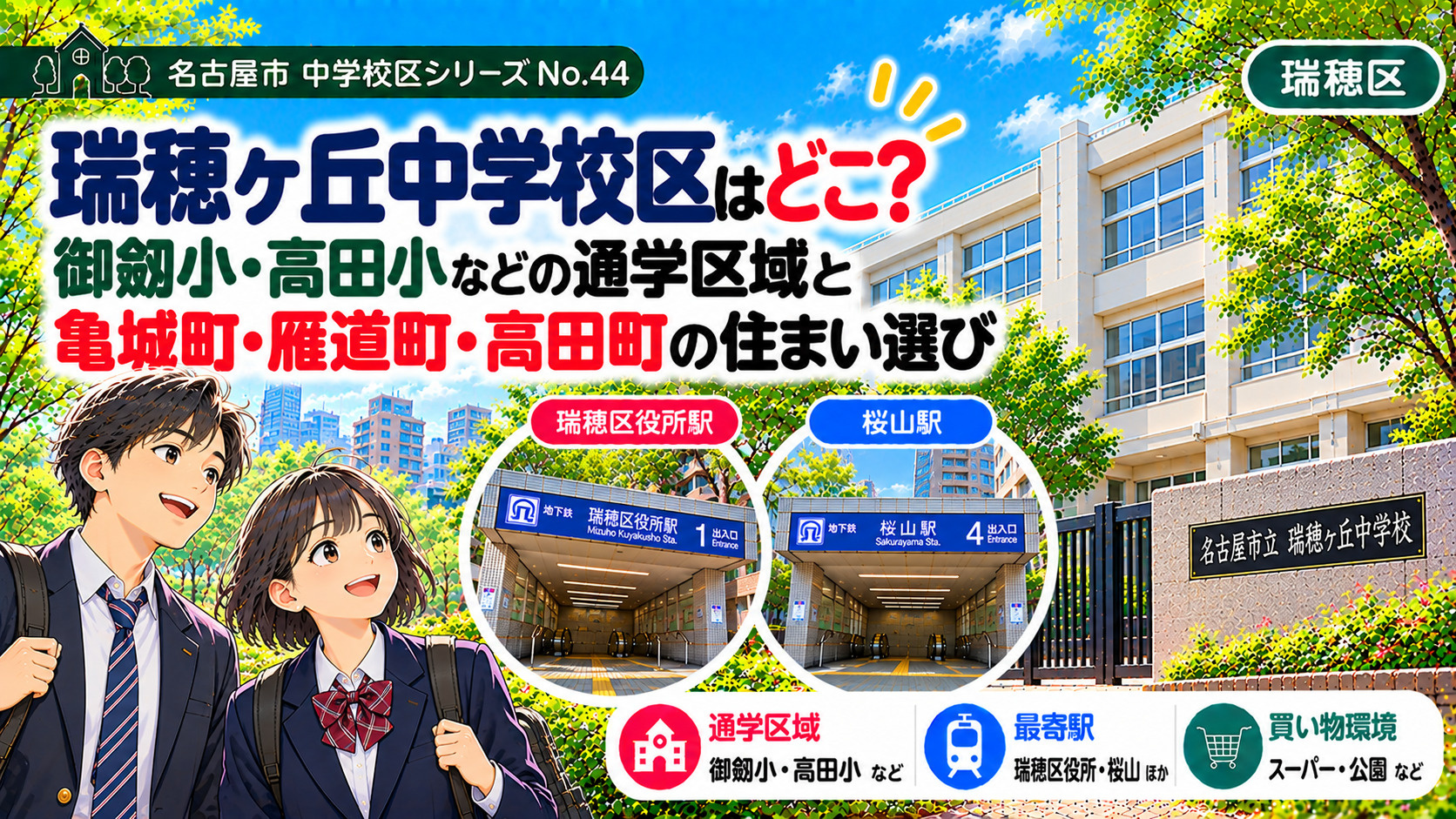 瑞穂ヶ丘中学校区の通学区域は？御劔小・高田小の学区と雁道・牛巻周辺の暮らし【名古屋市瑞穂区】の画像