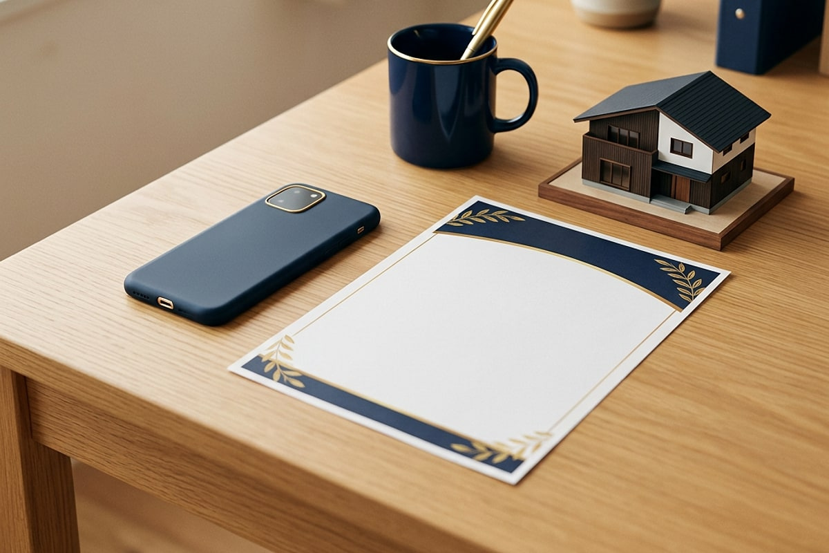 木の机の上のスマートフォンと縁取りのある白い証書、マグカップ、家の模型のイメージ写真