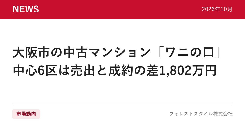 【2026年9月】大阪市の中古マンション「ワニの口」｜中心6区は売出と成約の差1,802万円、18区はほぼ差なしの画像