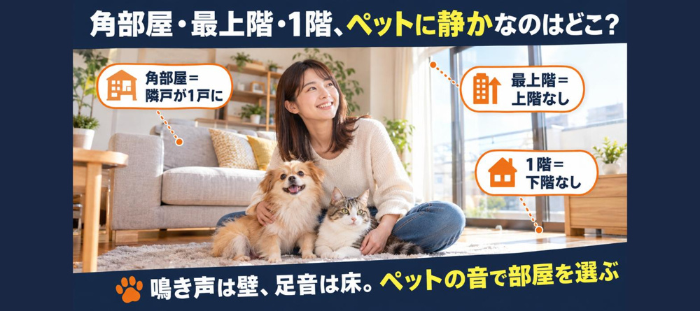 【間取りで比較】ペット可賃貸、角部屋・最上階・1階はどれが静か？犬の鳴き声と足音で選ぶ「音の伝わり方」完全版の画像