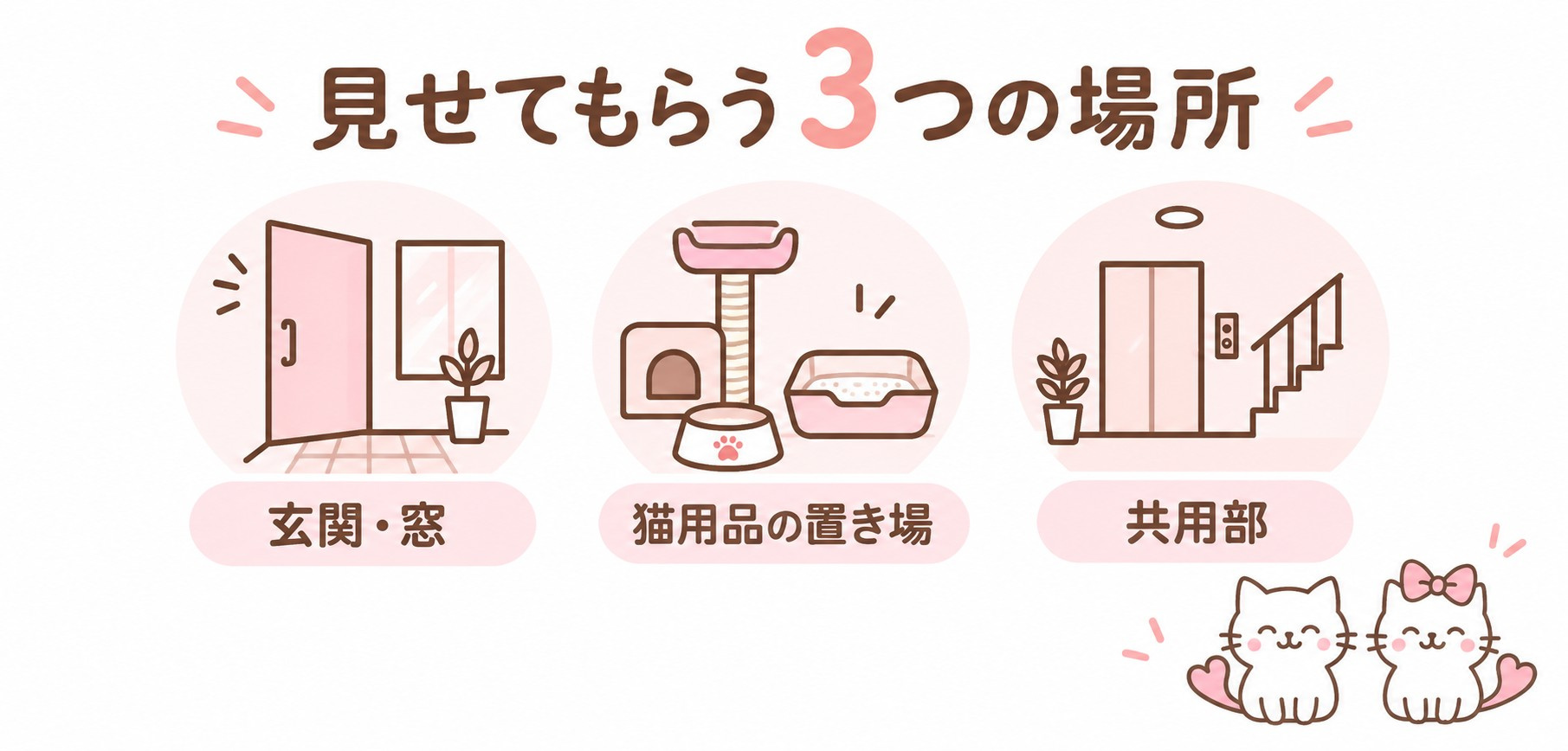 オンライン内見で見る玄関・窓、猫用品の置き場、共用部
