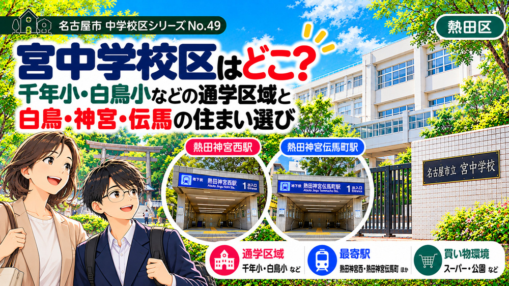 宮中学校区の通学区域は？白鳥小・千年小の学区と熱田神宮・伝馬周辺の暮らし【名古屋市熱田区】の画像