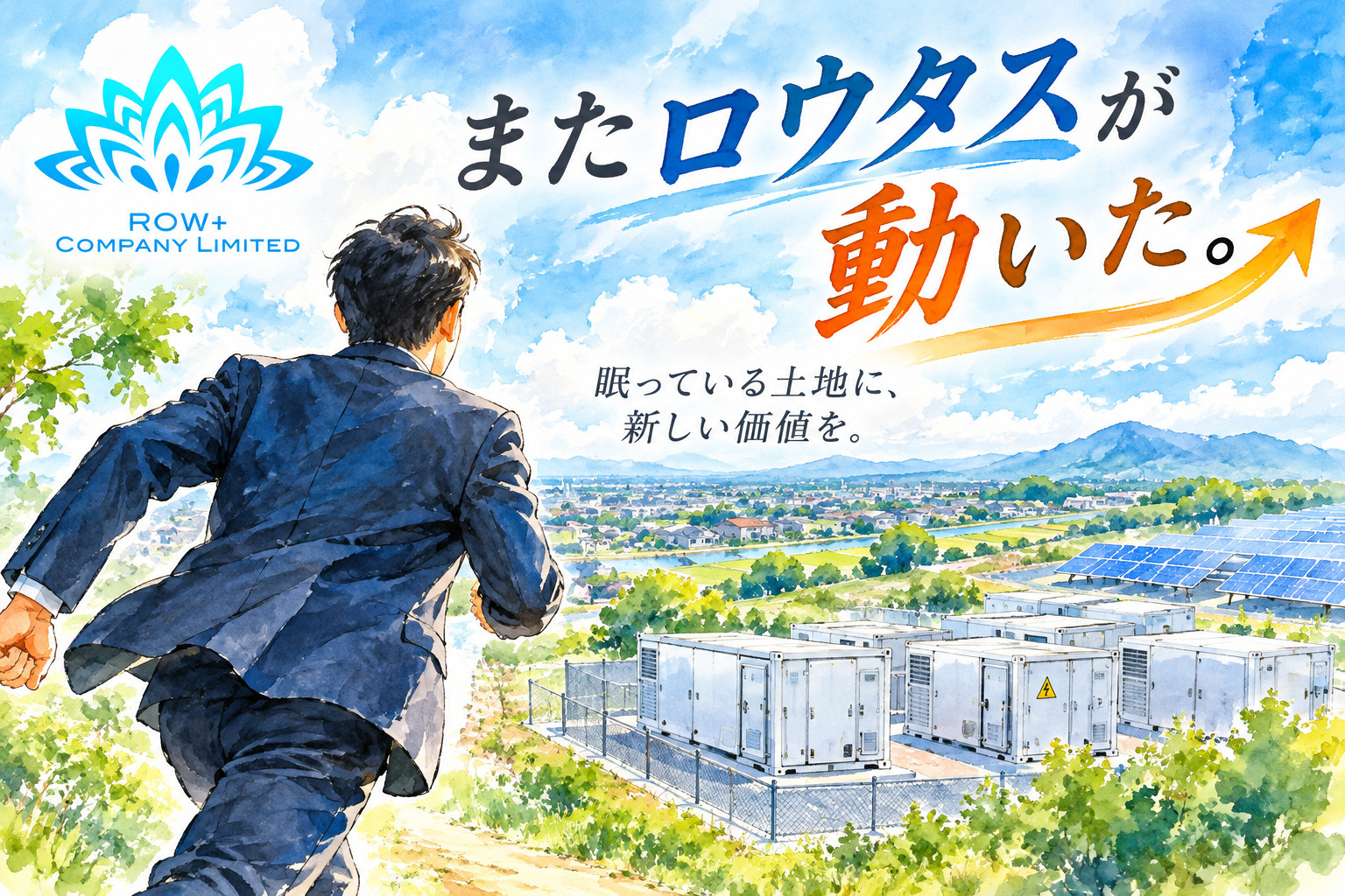 またロウタスが動いた。眠っている土地に新しい価値を生み出す蓄電池事業用地の水彩画イメージ
