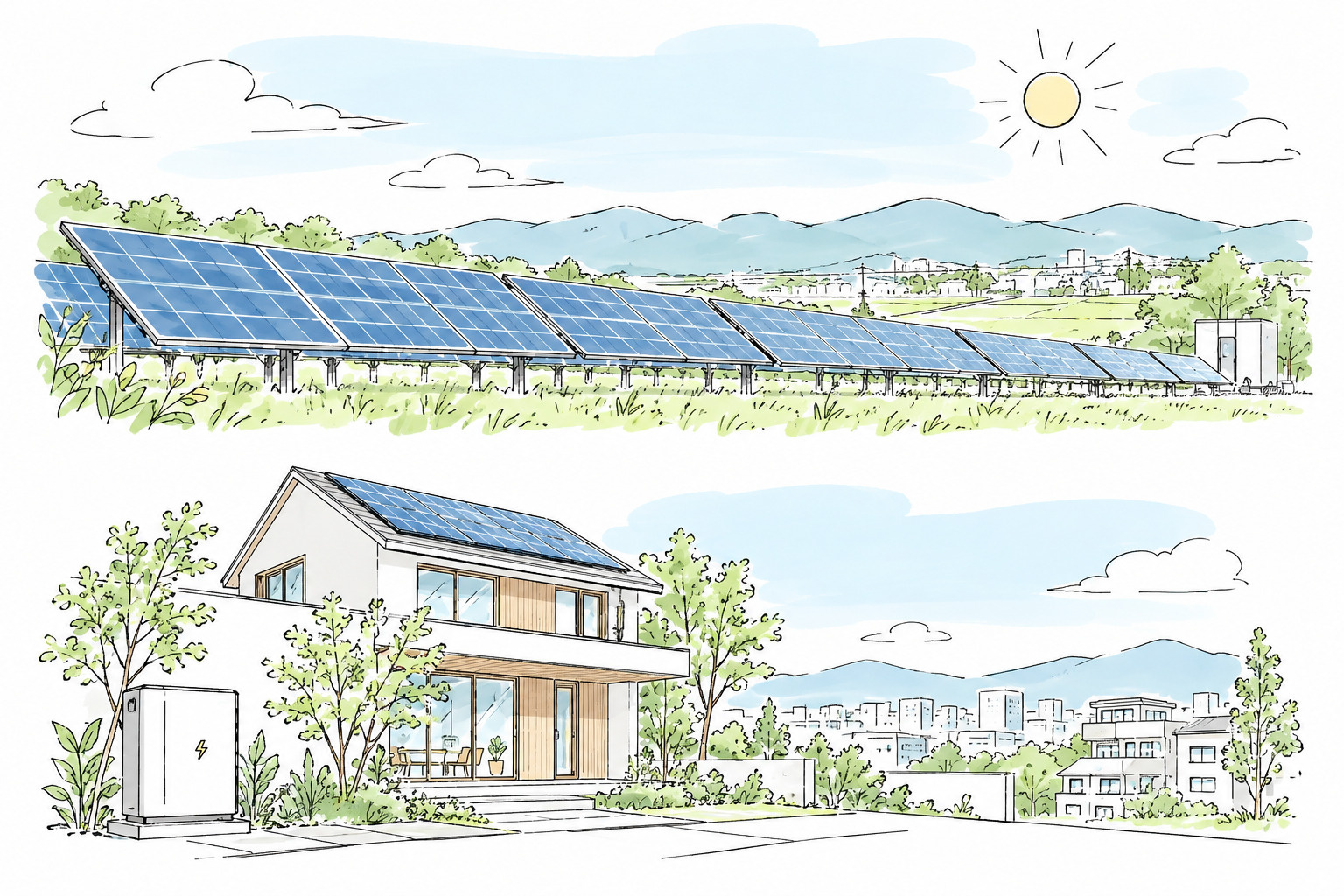 太陽光発電事業で積み重ねてきた実績と信頼を表現した線画イラスト