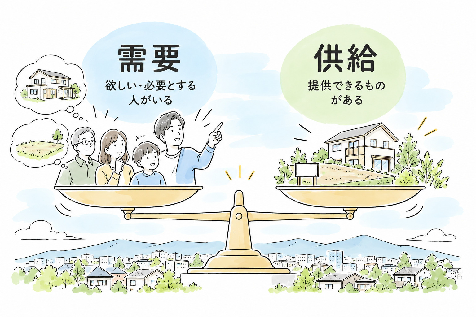 需要と供給のバランスを天秤で表現した線画イラスト