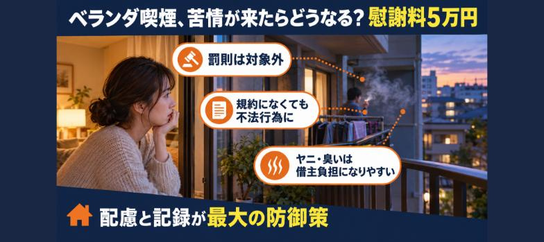 賃貸のベランダ喫煙、苦情が来たらどうなる？慰謝料5万円の判決と、退去費用で「ヤニ・臭い」が借主負担になる理由【完全版】の画像