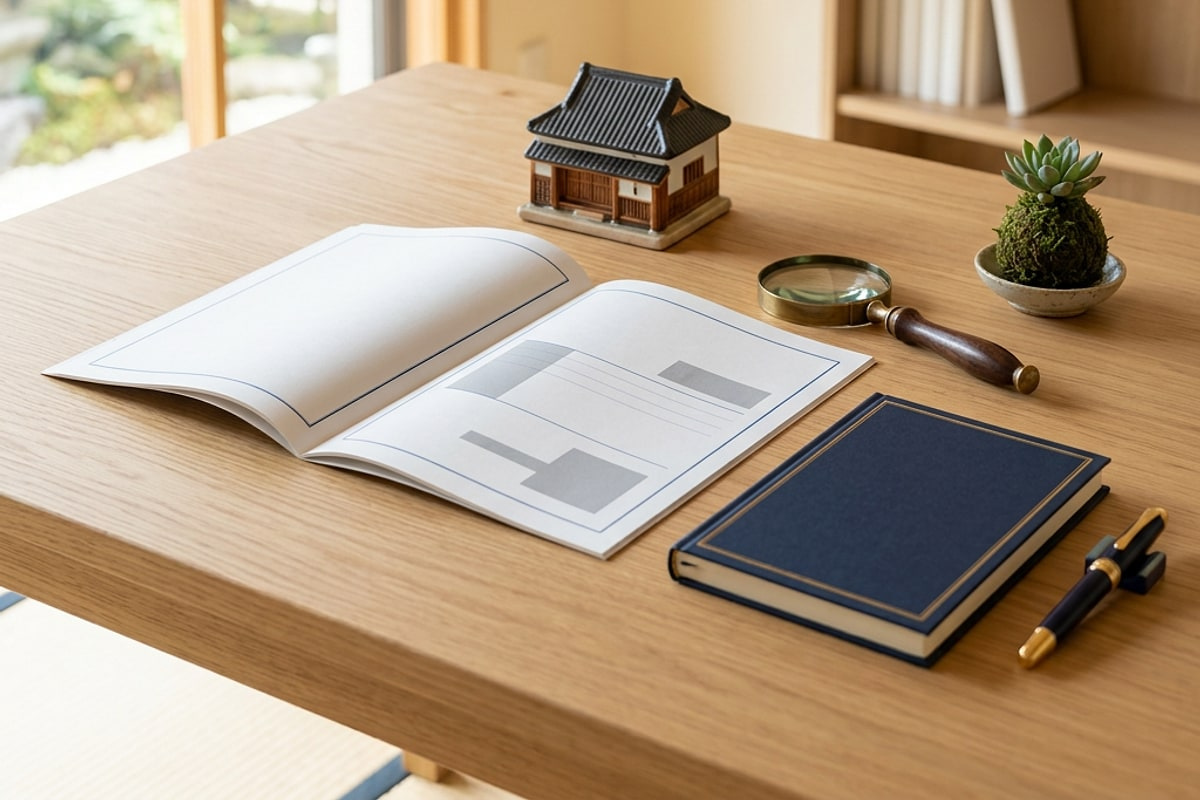 机の上に開いた書類と虫めがね、家の模型、手帳のイメージ写真