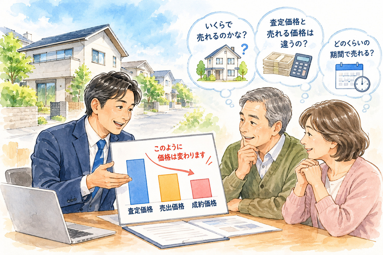太田市で不動産売却を検討するご夫婦と不動産会社による価格相談の水彩画