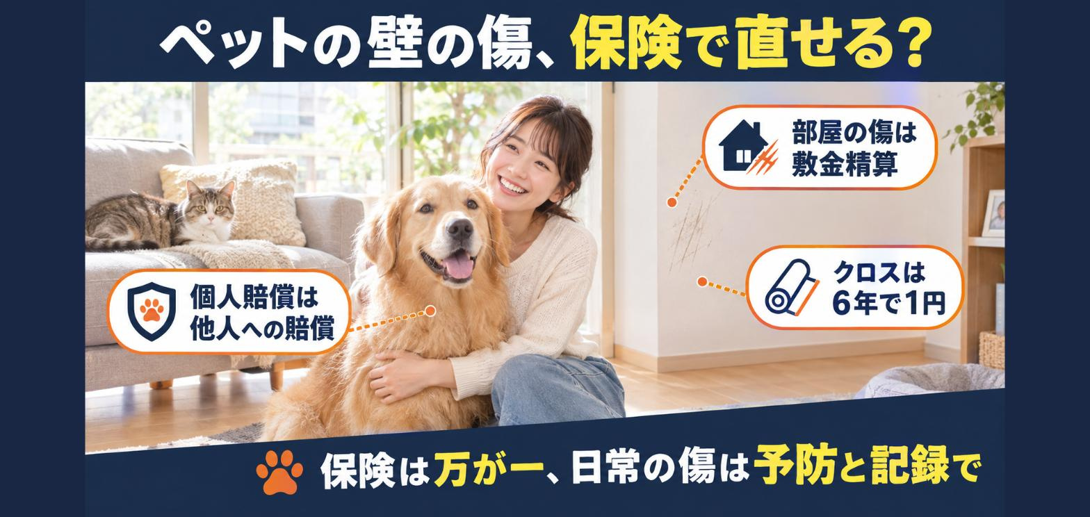 【完全版】ペットが賃貸の壁・床を傷つけたら保険は使える?「個人賠償」「借家人賠償」「ペット保険」で払えるもの・払えないものの画像
