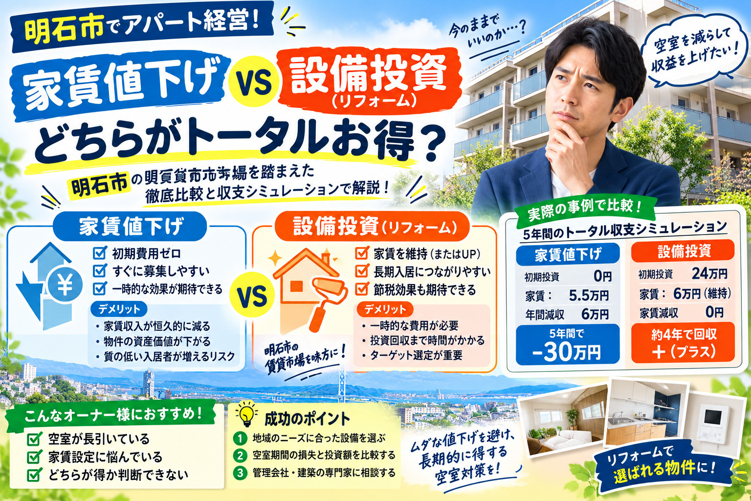 【明石市でアパート経営】家賃値下げvs設備投資(リフォーム)!どちらがトータルお得?の画像