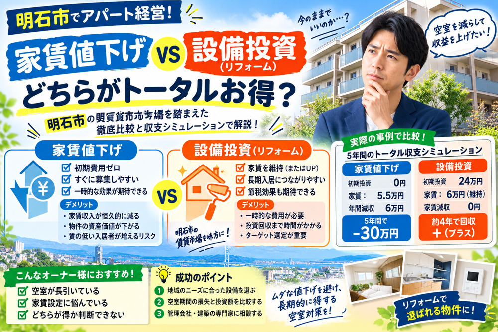 【明石市でアパート経営】家賃値下げvs設備投資（リフォーム）！どちらがトータルお得？の画像