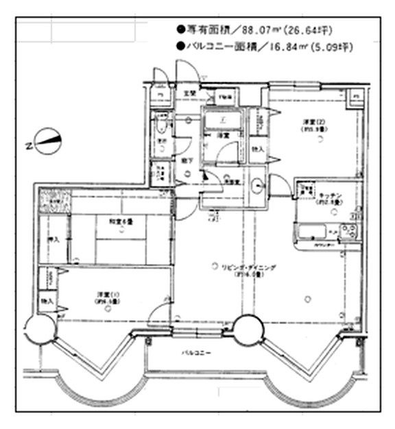 3LDK、専有面積88.07㎡。実際の使い勝手は現地で確認してください