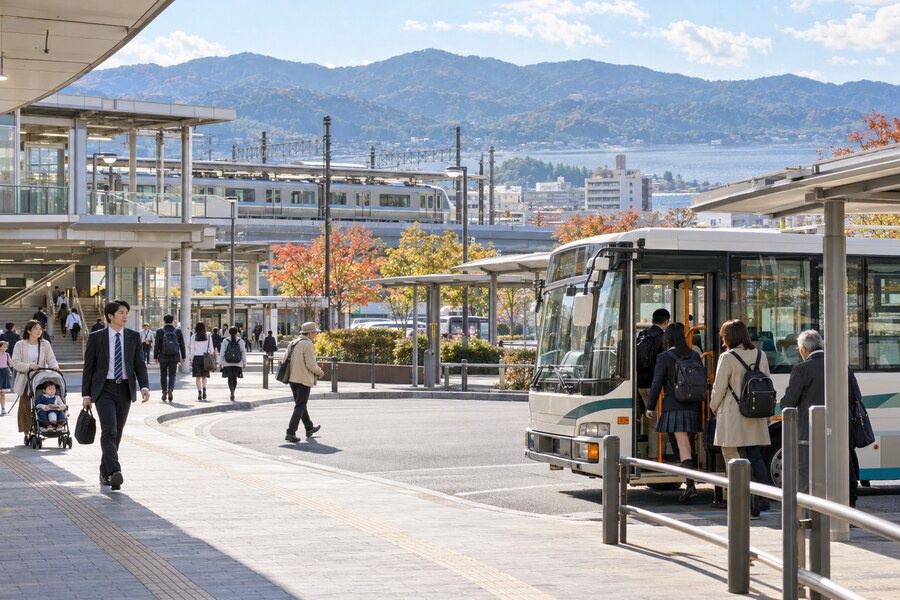 滋賀県の駅前で鉄道と路線バスを利用する人々のイメージ