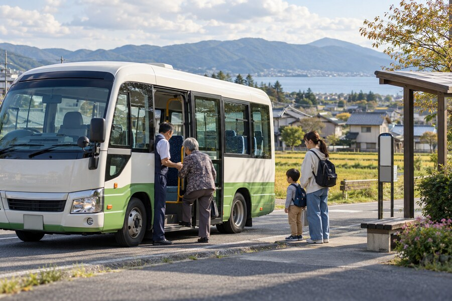 滋賀県の郊外でコミュニティバスを利用する住民のイメージ