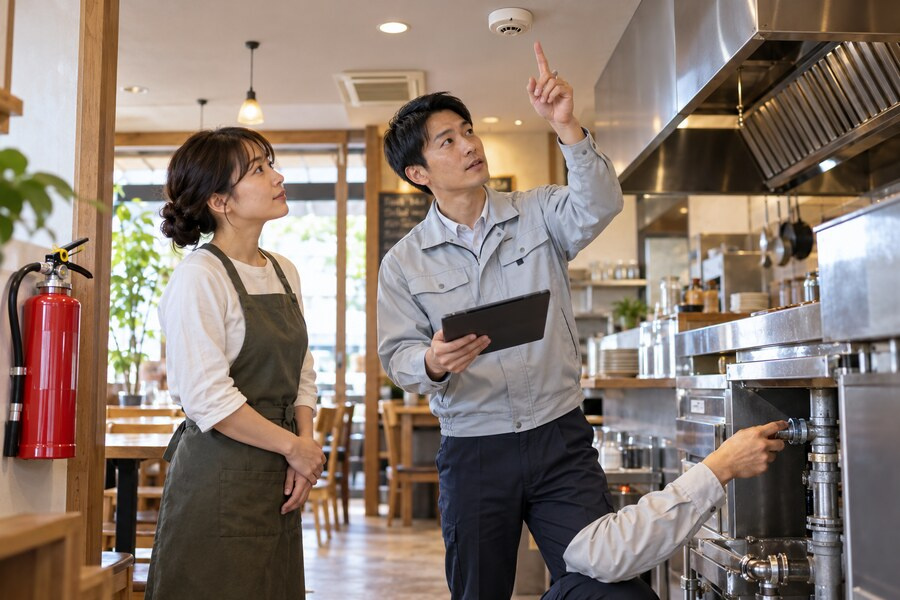 店舗で事業者と専門業者が防災設備や厨房設備を点検しているイメージ