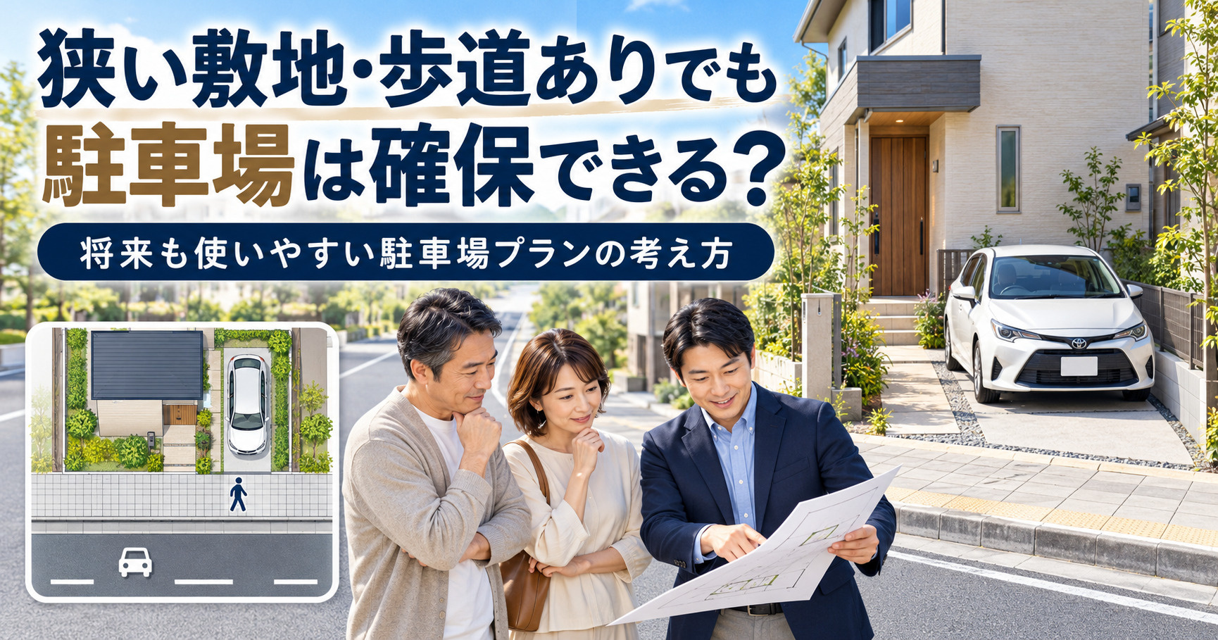 敷地が狭い歩道ありの家でも駐車場は確保できる?将来も安心できる駐車場プランの考え方の画像