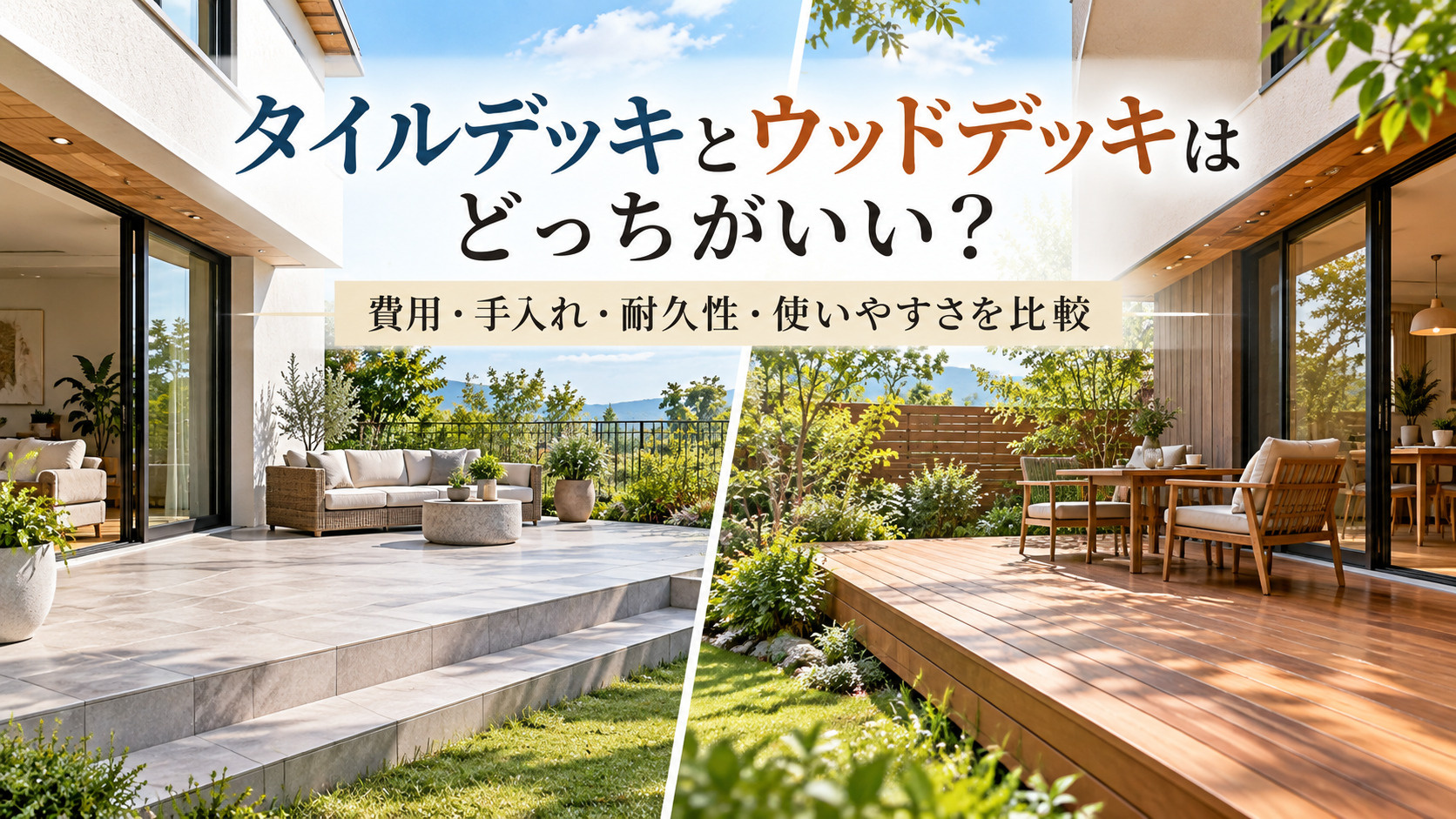 タイルデッキとウッドデッキはどっちがいい？費用・手入れ・耐久性・使いやすさを比較の画像