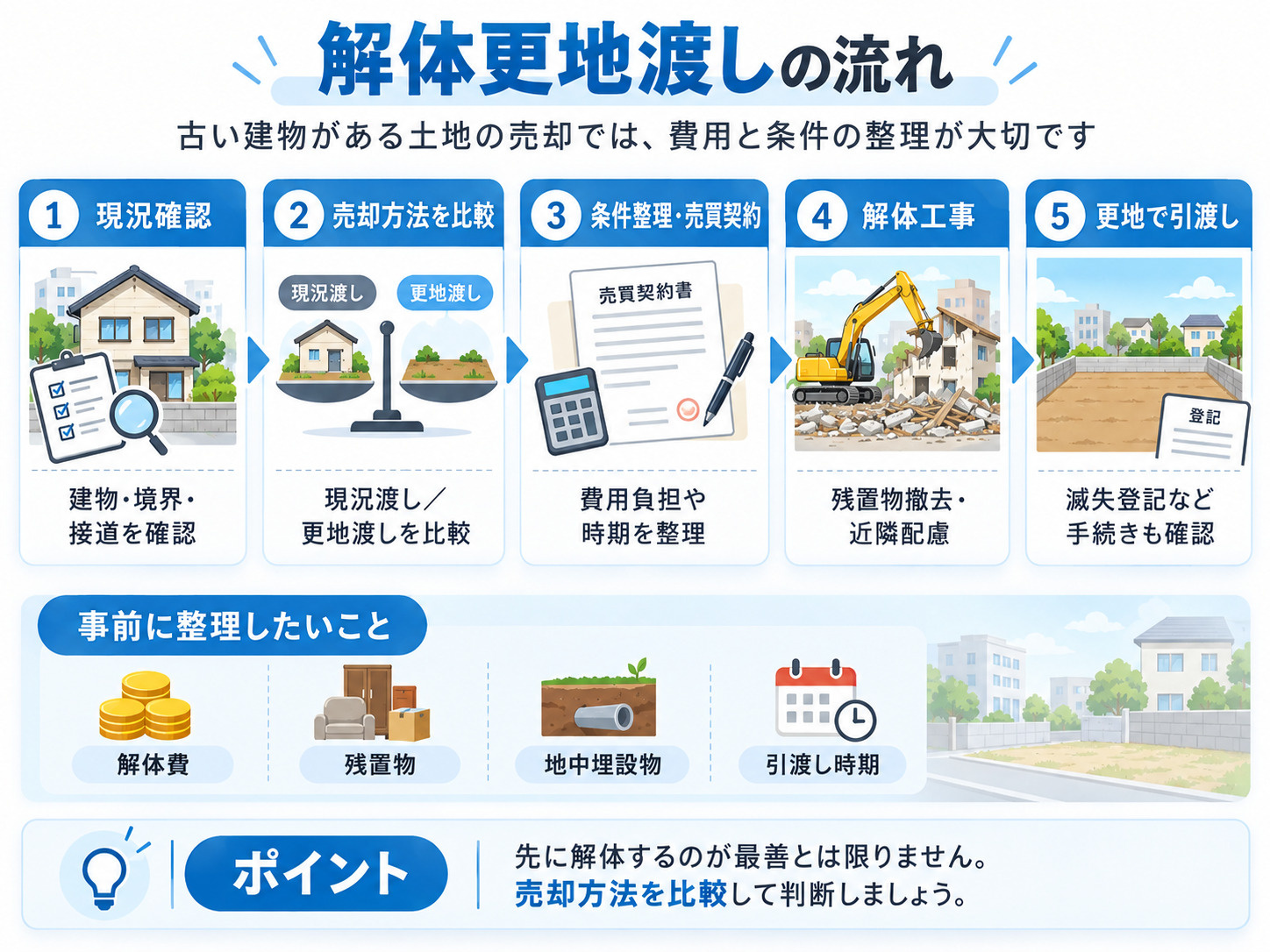 古い建物がある土地の売却における、現況確認から解体更地引渡しまでの一例