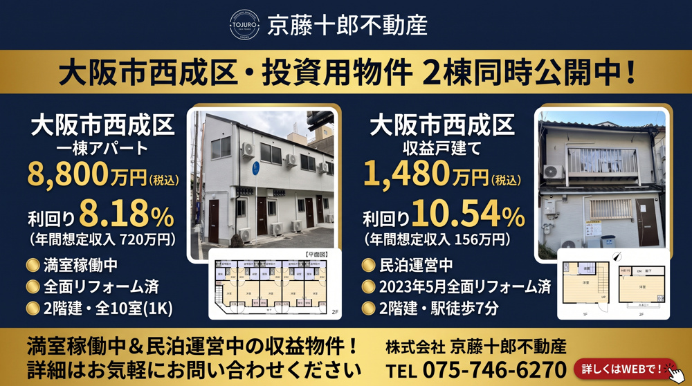 【収益物件】大阪市西成区・投資用物件2棟の売却相談の画像