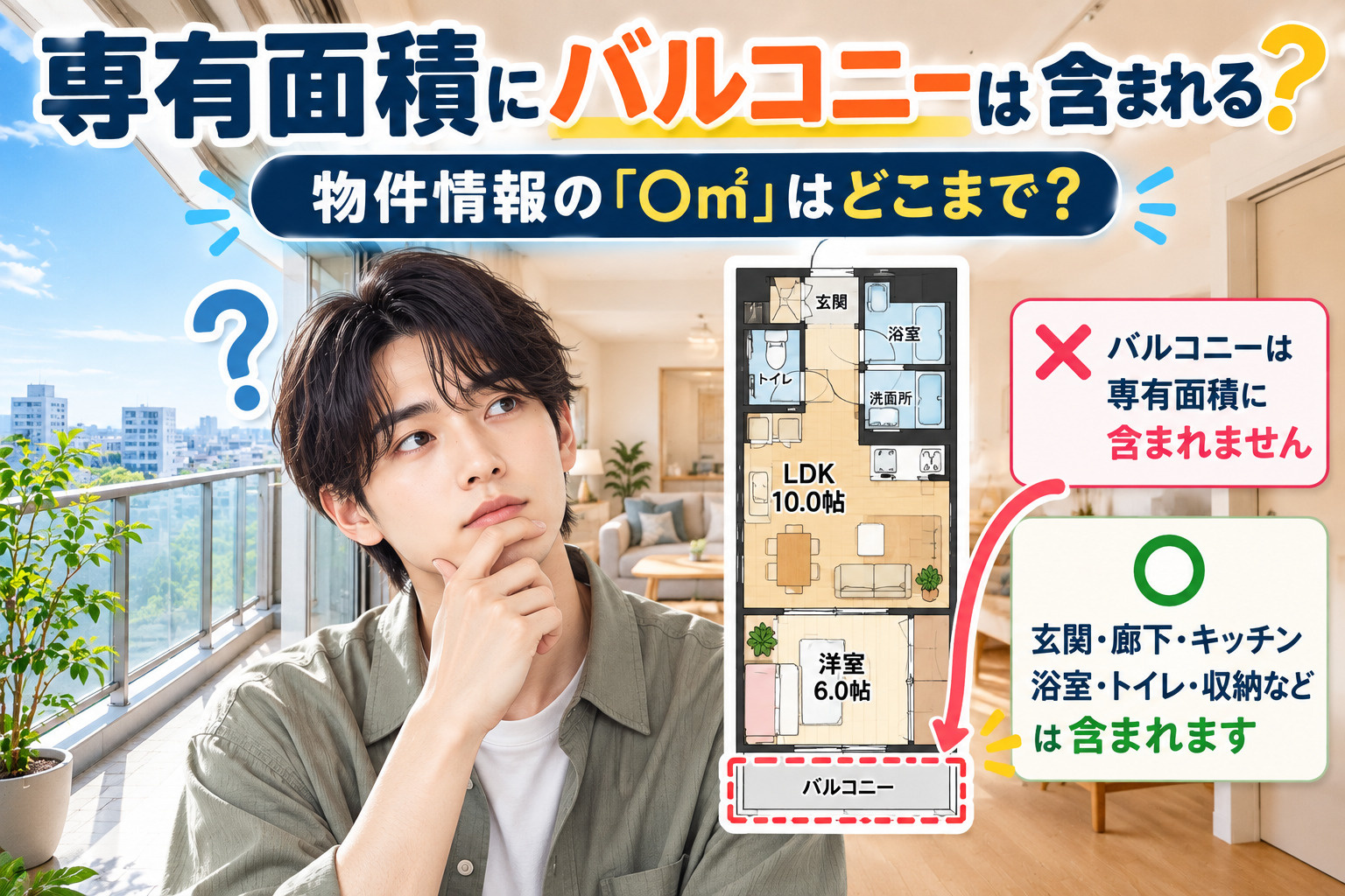 専有面積にバルコニーは含まれる？｜物件情報の「○㎡」はどこまで？の画像