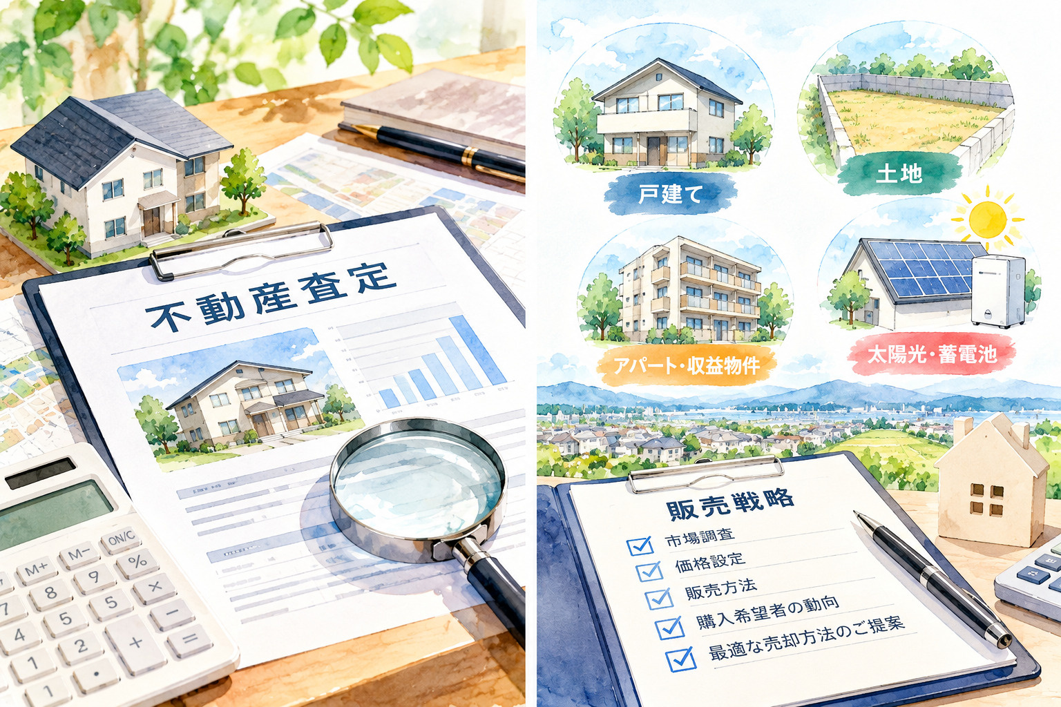 太田市の不動産査定をイメージした住宅模型・査定資料・図面・電卓