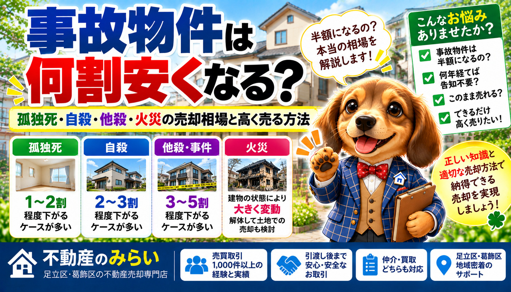 事故物件は何割安くなる？孤独死・自殺・他殺・火災物件の売却相場と高く売る方法【足立区・葛飾区】の画像