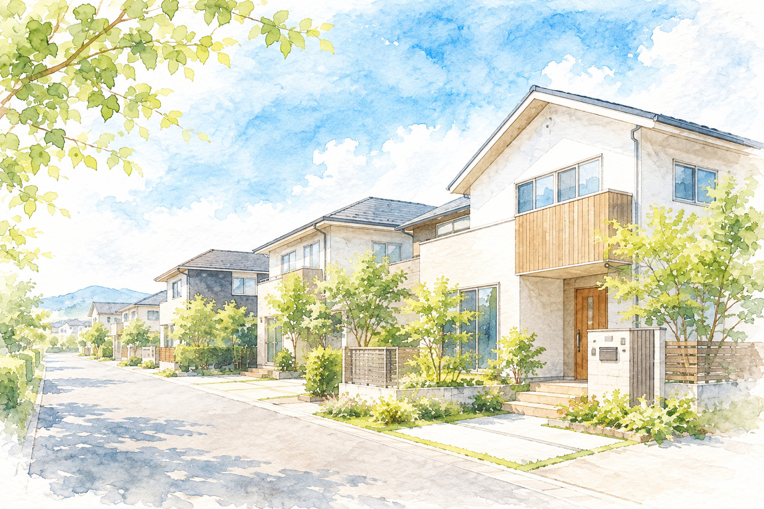 太田市の住宅街をイメージした水彩画・戸建て住宅の不動産査定