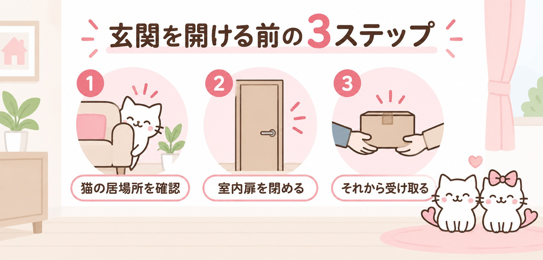 猫の居場所確認・室内扉を閉める・受け取るの3ステップ