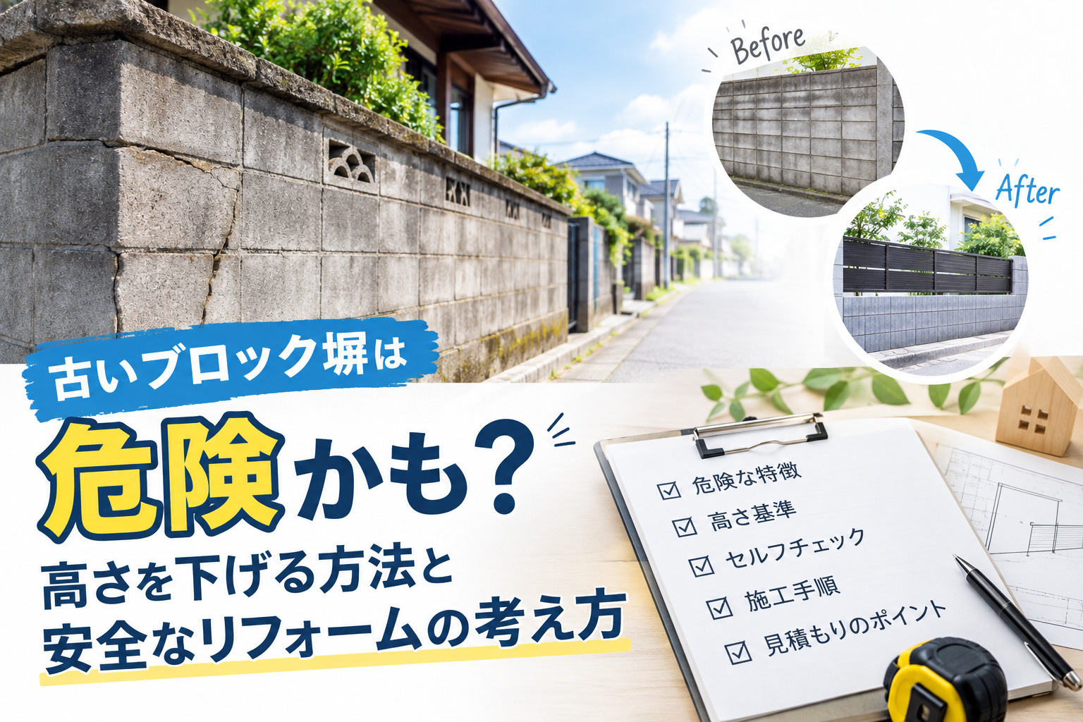 古いブロック塀は危険かも?高さを下げる方法と安全なリフォームの考え方の画像