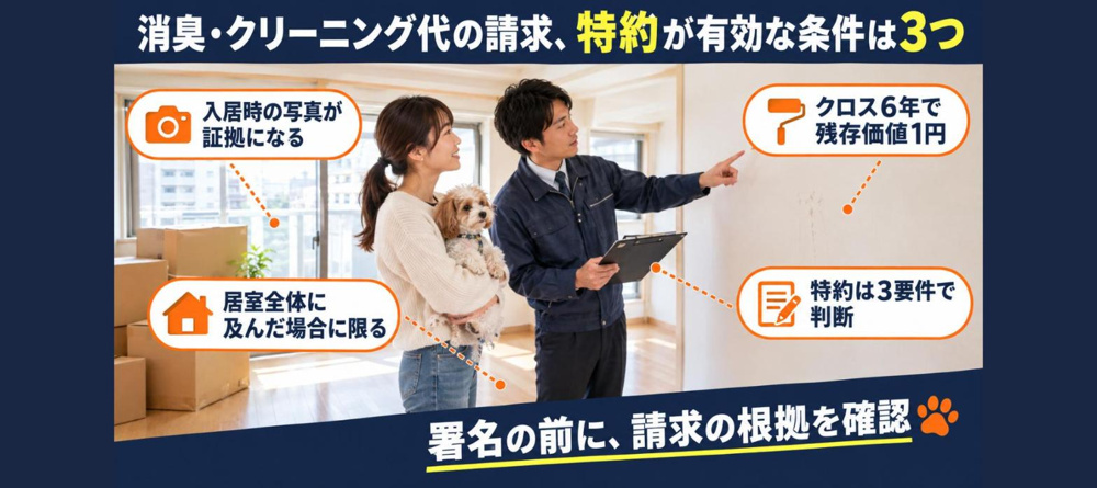 退去立会いで「消臭・クリーニング代」を請求されたら？特約が有効になる3要件と、ヤニ・ペット臭で「借主負担」になる境界【国交省ガイドライン完全版】の画像