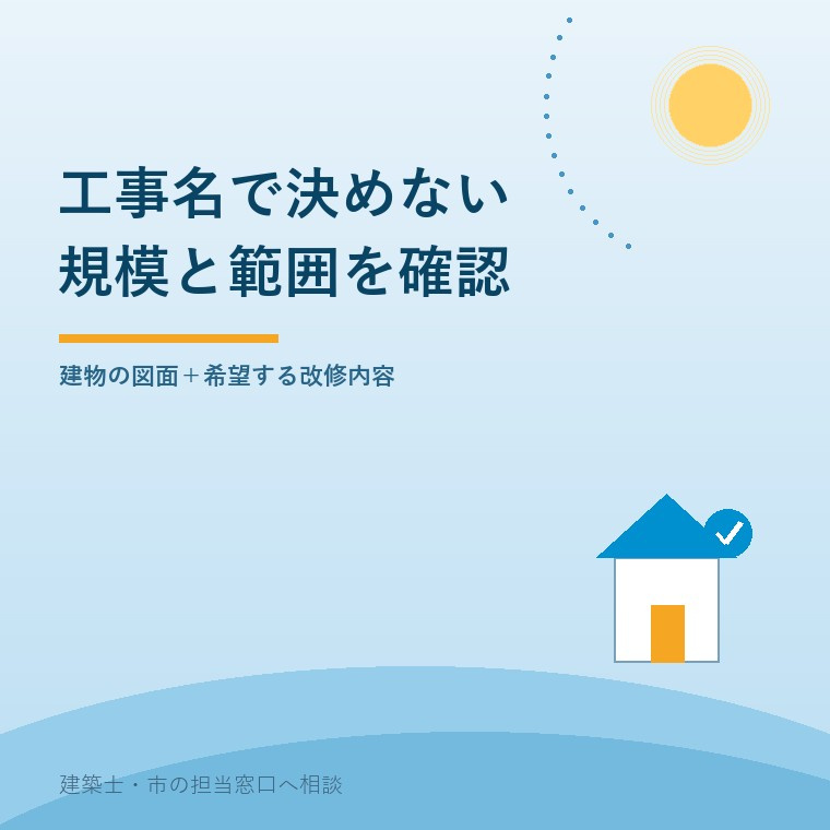 中古住宅の改修は工事名だけで決めず、建物の規模と改修範囲を図面で確認することを示す図