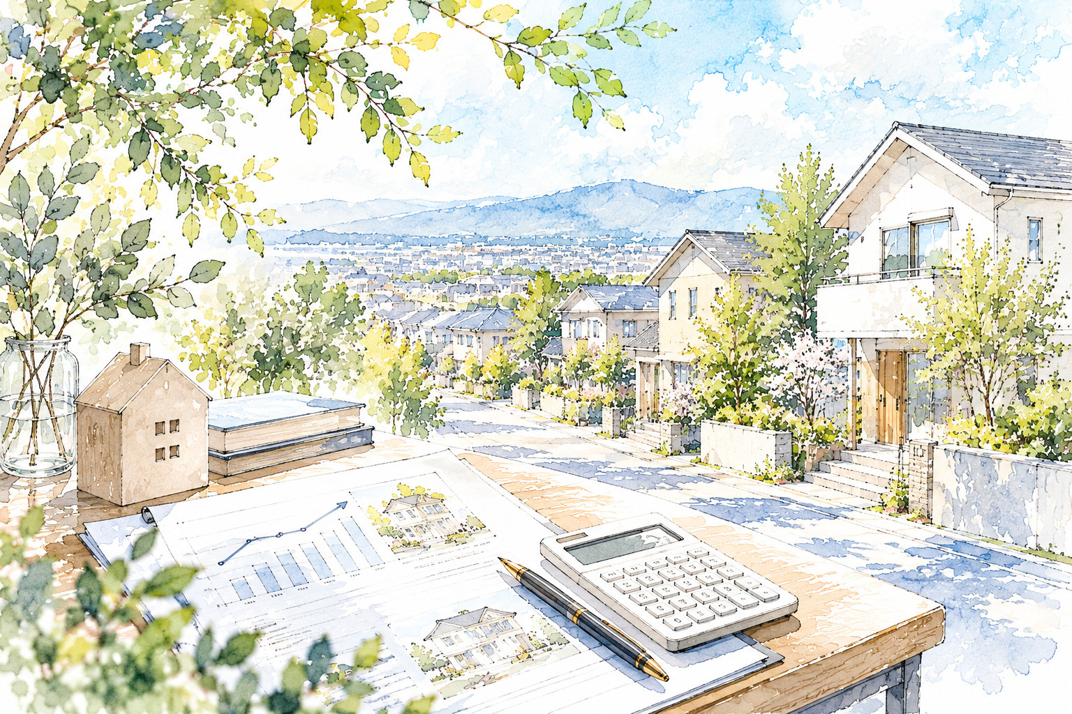 住宅街の風景と不動産の販売価格を検討するイメージ
