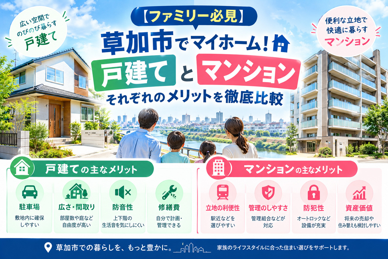 【ファミリー必見】草加市でマイホーム!「戸建て」と「マンション」それぞれのメリットを徹底比較の画像