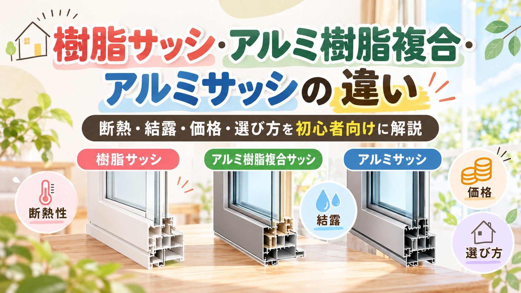 樹脂サッシ・アルミ樹脂複合・アルミサッシの違い|断熱・結露・価格・選び方を初心者向けに解説の画像