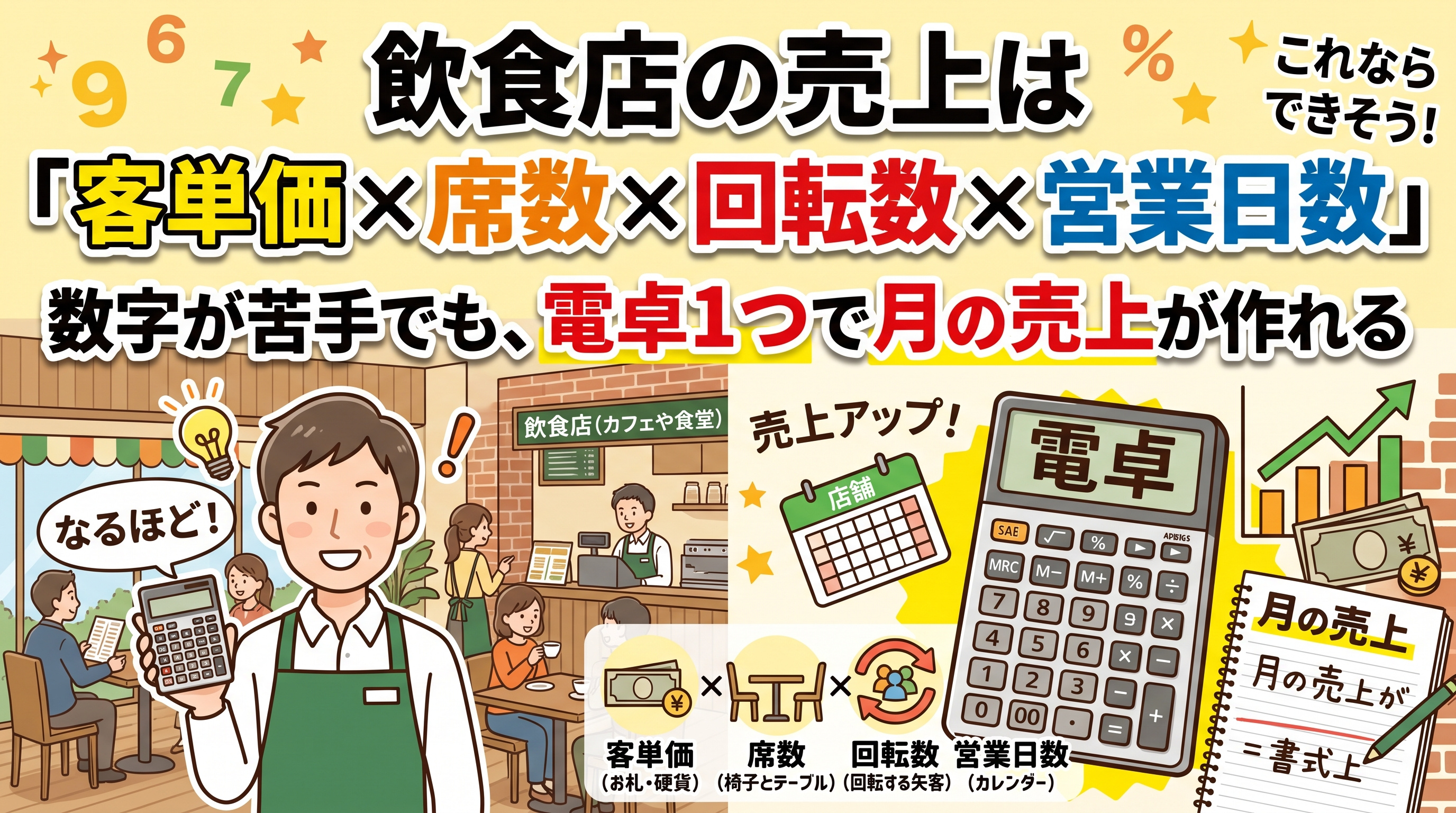 飲食店の売上は掛け算で作る!客単価×席数×回転数×日数の画像