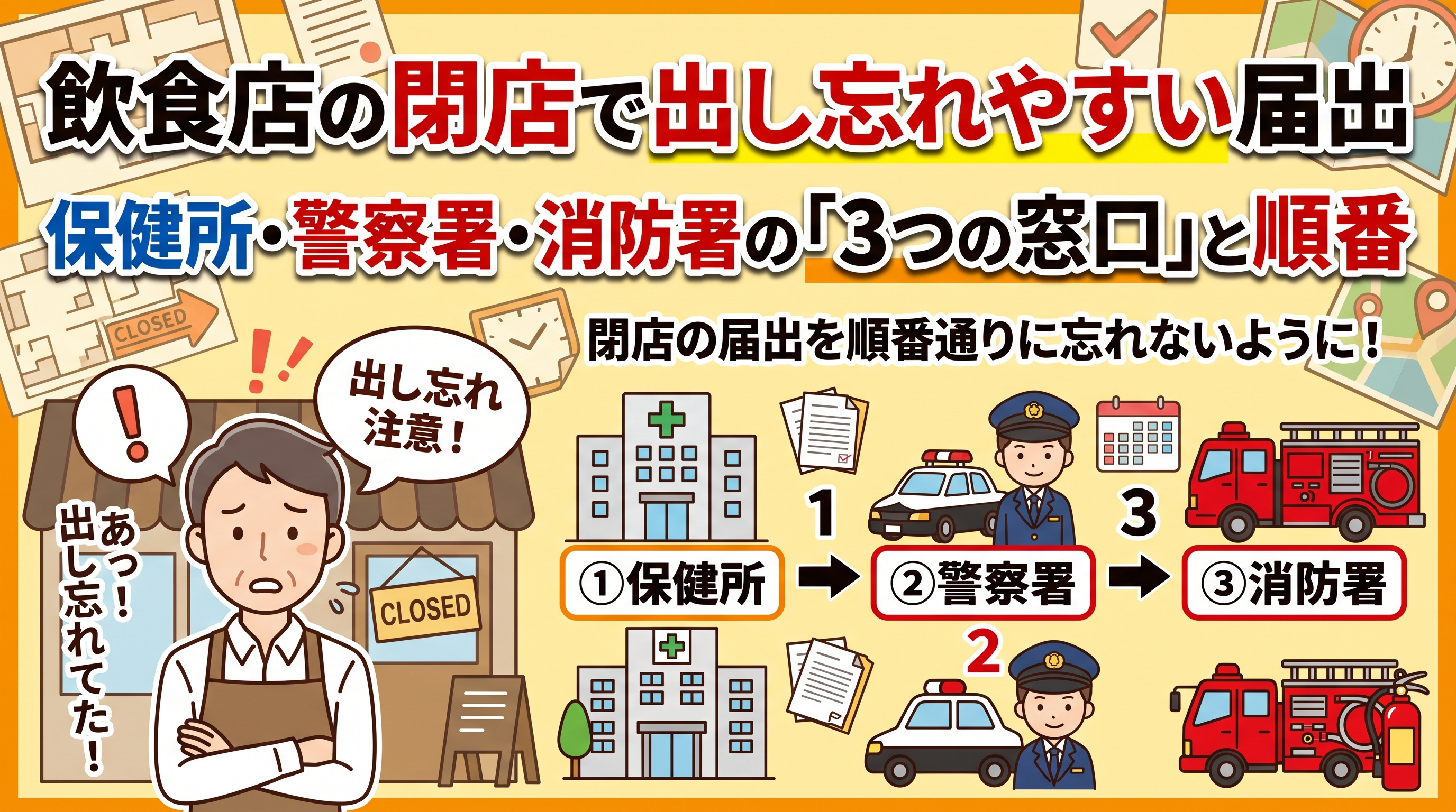 「飲食店の閉店」警察・保健所・消防への3つの届出の画像